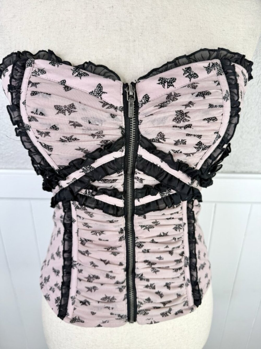 Bebe Corset Bustier Top Small Pink Mauve Black Bows Lace Trim Strapless  y2k
